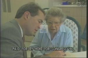 ["The 1994 Republican presidential campaign ad for Martin Hoke captures a jubilant celebration with a person, possibly Martin Hoke himself, on stage expressing gratitude towards an enthusiastically applauding audience. The scenes convey a warm and celebratory atmosphere, highlighting gratitude and accomplishment while engaging with a supportive crowd."]