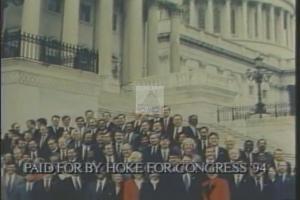 ["The 1994 political ad for Republican candidate Martin Hoke showcases his robust stance on political reform. The ad predominantly features Hoke addressing Congress and constituents with fervor, emphasizing his dedication to relentless change and enhancement of government representation. Scenes underline his leadership qualities and commitment, highlighting his continuous advocacy for reform."]