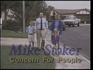 ["In the 1994 campaign ad, Republican Mike Stoker, running for Congress, passionately addresses public safety and fiscal responsibility. Filmed in suburban neighborhoods, Stoker advocates for stringent crime laws and pledges against tax increases. He actively engages with community members, emphasizing his commitment to address their concerns about crime and economic issues."]