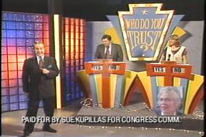 ["In a 1994 political TV ad, a game show format is used to highlight Wes Cooley's contradictory and dishonest claims. Host Paul and contestants Bob and Janet engage in revealing the discrepancies in Cooley���������s statements. The ad emphasizes Cooley's lack of credibility and trustworthiness, continuing to question his integrity."]