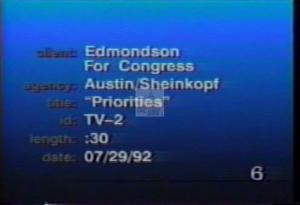 1992 - United States House of Representatives Offices and Issue Campaigns - William Andrew (Drew) Edmondson - &quot;Priorities&quot;, 1992-01-01 - 1992-12-31
