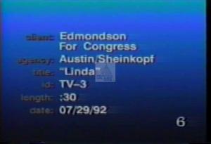1992 - United States House of Representatives Offices and Issue Campaigns - William Andrew (Drew) Edmondson - &quot;Linda&quot;, 1992-01-01 - 1992-12-31