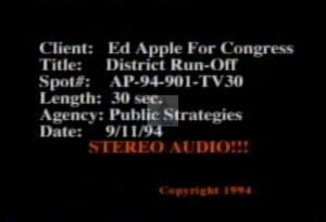 1994 - United States House of Representatives Offices and Issue Campaigns - Ed Apple - &quot;District Run-Off&quot;, 1994-01-01 - 1994-12-31