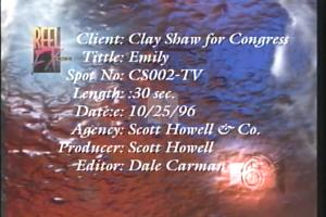 1996 - United States House of Representatives Offices and Issue Campaigns - Shaw Eugene Clay, Jr. - &quot;Emily&quot;, 1996-01-01 - 1996-12-31