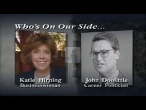 ["The 1994 political TV ad for Democratic candidate Katie Herning contrasts her policy positions sharply with those of her opponent John Doolitle. Highlighted are their differences on term limits, crime laws, Social Security, and abortion rights. The ad features text overlays and split images to emphasize these contrasting political stances."]