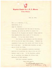 1921 Letter from the Keystone Chapter R. A. Masons to Hon. L. M. Gensman Regarding the Proposed Relocation of Cheyenne and, 1921-01-01 - 1921-12-31