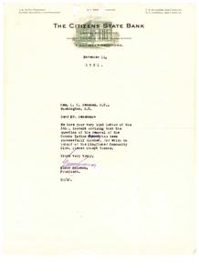 1921 Correspondence from The Citizens State Bank to Hon. L. M. Gensman Regarding Concho Indian School, 1921-01-01 - 1921-12-31
