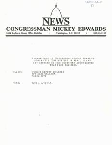 Invitation to Congressman Mickey Edward&#39;s Town Meeting in Ponca City, 1985-01-01 - 1992-12-31