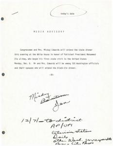 Congressman and Mrs. Mickey Edwards to Attend State Dinner Honoring Pakistani President Mohammed Zia ul-Haq at the White House, 1985-01-01 - 1992-12-31