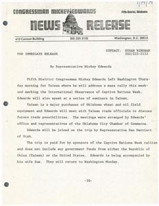 Congressman Mickey Edwards to Address Mass Rally in Taiwan and Discuss Trade Opportunities, 1985-01-01 - 1992-12-31