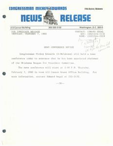 Congressman Mickey Edwards Appointed Chairman of Oklahoma Reagan for President Committee: News Conference Announcement, 1980-02-07