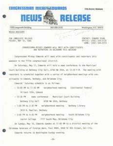 Congressman Mickey Edwards to Meet with Constituents and Reporters in Oklahoma, 1980-05-16