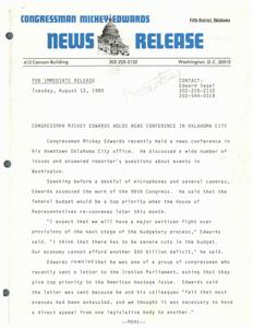 Congressman Mickey Edwards Discusses Federal Budget, Iranian Hostage Issue, and Presidential Competence at Oklahoma City News Conference, 1980-08-12