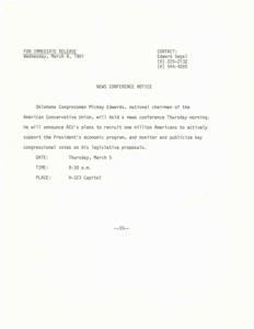 Oklahoma Congressman to Announce Plans for Large-Scale Recruitment in Support of Presidential Economic Program, 1981-03-04