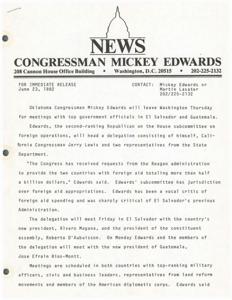 Congressman Mickey Edwards to Meet with Salvadoran and Guatemalan Officials Regarding U.S. Foreign Aid, 1982-06-23