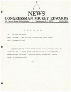 Congressman Mickey Edwards to Miss House Sessions Due to Mother&#39;s Surgery, 1982-09-29