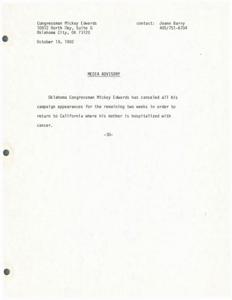 Congressman Mickey Edwards Cancels Campaign Events to Attend to Ailing Mother, 1982-10-19