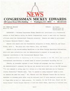 Congressman Mickey Edwards to Participate in Presidential Mission to South America Discussing International Financial Situation, 1983-03-21