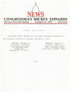Congressman Mickey Edwards to Hold Neighborhood Meetings in Oklahoma on February 25, 1984, 1984-02-25