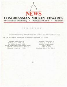 Congressman Mickey Edwards Announces Upcoming Neighborhood Meetings in Oklahoma City, 1984-02-26