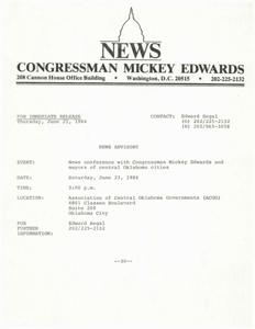 Congressman Mickey Edwards to Hold News Conference with Central Oklahoma City Mayors on June 23, 1984, 1984-06-21