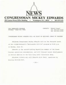 Congressman Mickey Edwards to Feature on C-SPAN&#39;s &#39;Nationwide Call-In&#39; Program, 1984-06-22