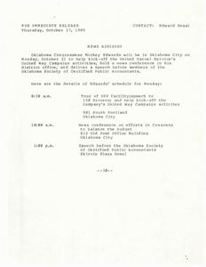 Congressman Mickey Edwards to Kick-off UPS&#39;s United Way Campaign and Address Oklahoma Accountants Society, 1985-10-17