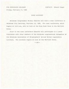 Oklahoma Congressman Mickey Edwards to Hold News Conference in Oklahoma City, 1986-02-21