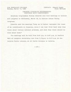 Congressman Mickey Edwards to Hold Neighborhood Meetings for Constituent Feedback, 1986-03-17