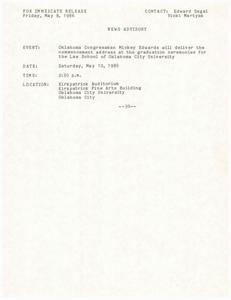 Oklahoma Congressman Mickey Edwards to Deliver Commencement Address at Oklahoma City University Law School Graduation, 1986-05-08