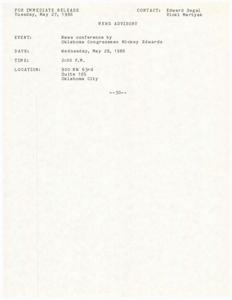 Press Conference Announcement: Oklahoma Congressman Mickey Edwards to Speak on May 28, 1986, 1986-05-27