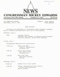 Congressman Mickey Edwards&#39; Schedule for 4th of July Weekend, 1987-07-01