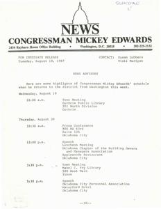 Congressman Mickey Edwards Announces District Schedule and Neighborhood Meetings to Discuss Congress Issues, 1987-08-18