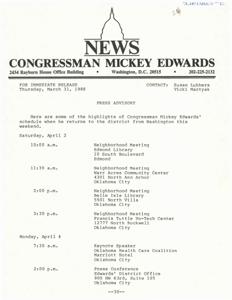 Congressman Mickey Edwards&#39; Upcoming District Schedule Announced, 1988-03-31