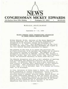 Congressman Mickey Edwards to Lead Delegation to Central America in Assessing Political and Military Situations, 1989-01-01