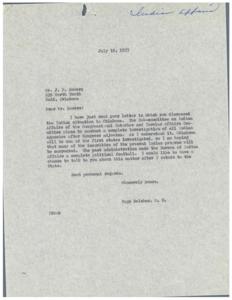Congressional Investigation into Oklahoma&#39;s Indian Affairs: A Correspondence Between J.F. Bowers and Congressman Page Belcher, 1953-07-10