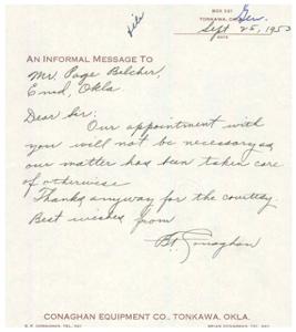 1953 Letter of Cancellation from Conaghan Equipment Co. to Mr. Page Belcher, 1950-01-01 - 1959-12-31