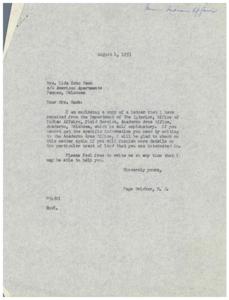 Correspondence Regarding Land Sale Inquiry Between Senator Page Belcher and Mrs. Lida Echo Hawk, 1953-07-16