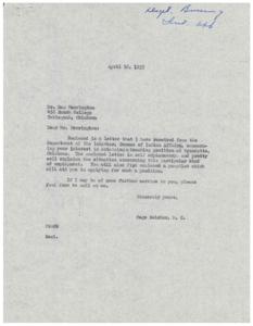 Correspondence Regarding Teaching Position at Bureau of Indian Affairs in Wyandotte, Oklahoma, 1953-03-18
