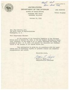 Correspondences from the Bureau of Indian Affairs to Congressman Page Belcher Regarding Cherokee Nation&#39;s Stance on Various Bills (1953), 1953-10-25