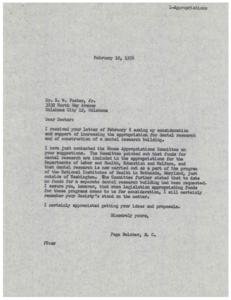 Correspondence Regarding Increase in Dental Research Appropriations and Construction of Dental Research Building in 1956, 1956-02-10