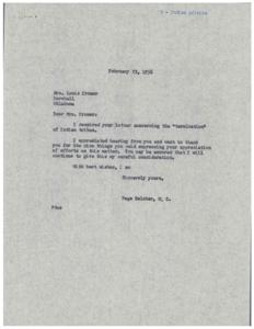 Correspondence on the Termination of Indian Tribes Between Mrs. Louis Cromer and Hon. Page Belcher, 1956, 1956-02-17