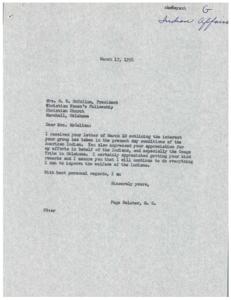 Correspondence Between Christian Women&#39;s Fellowship and Congressman Page Belcher Regarding Welfare of American Indians, 1956-03-10