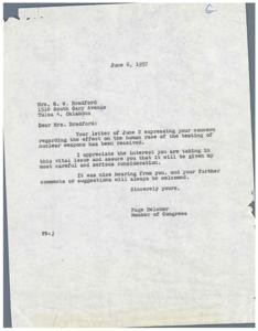 Correspondence on Nuclear Weapons Testing Concerns Between a Citizen and a Congress Member in 1957, 1957-06-02