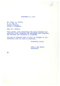 1957 Correspondence Regarding Gold Standard Legislation, 1957-09-05