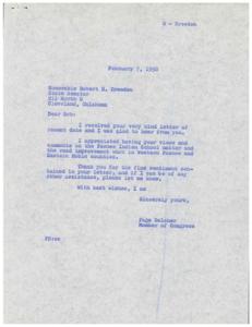 Correspondence Between Congressman Page Belcher and State Senator Robert H. Breeden Regarding Pawnee Indian School and Road Improvements, 1958-02-07