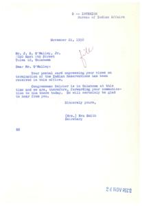 Letter Correspondence Regarding Termination of Indian Reservations in 1958, 1958-11-21