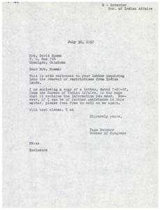 Correspondence Regarding the Removal of Restrictions from Indian Lands in 1957, 1955-08-11