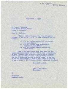 Correspondence Regarding Indian Affairs Information Request in 1958, 1955-01-01 - 1960-12-31