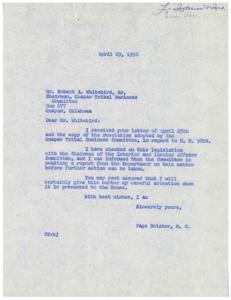 Correspondence Between Quapaw Tribal Business Committee and House of Representatives Regarding H.R. 9824 Legislation, 1954-05-07